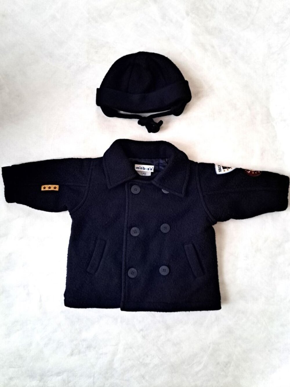 Minibasix Baby Navy Blue Pea Coat & Hat Set size 3 Mos Football Theme Warm